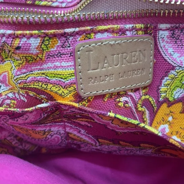 Ralph Lauren Vachetta‎ Leather Paisley Canvas Purse Handbag Round Bamboo Handle - Image 15