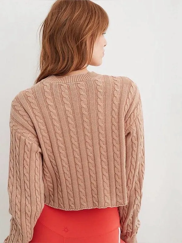 Aerie Washed Brown Cropped Cable Knit Sweater - Image 4