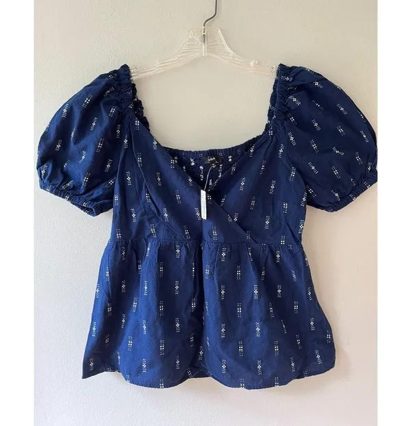 Madewell Sz M Jacquard Navy Puff Short Sleeve Cropped Top Blouse V Neck Pullover - Image 3