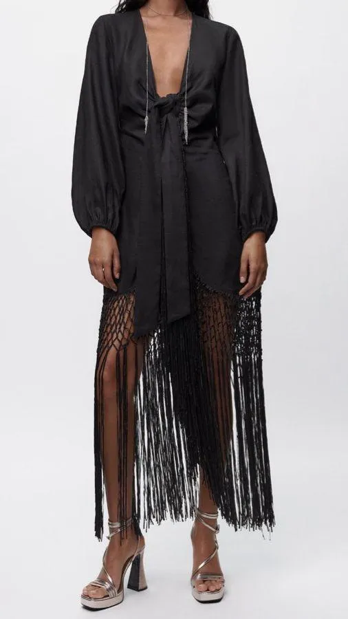 Zara dress midi black linen fringed fringes boho - Image 3