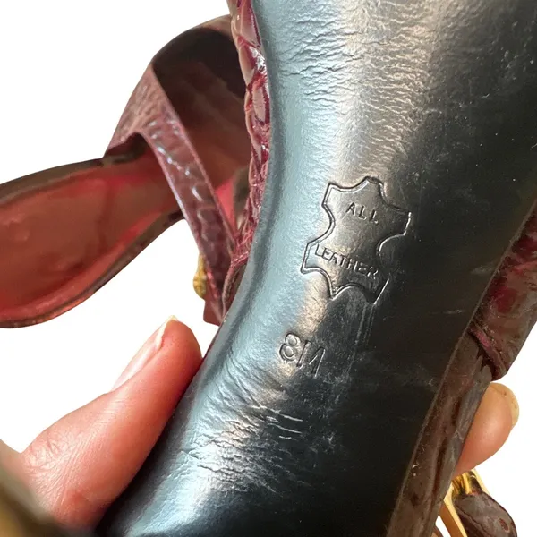 Tory Burch Allison Croc Patent Slingback Peep Toe‎ Block Heels 8 Bordeaux - Image 7