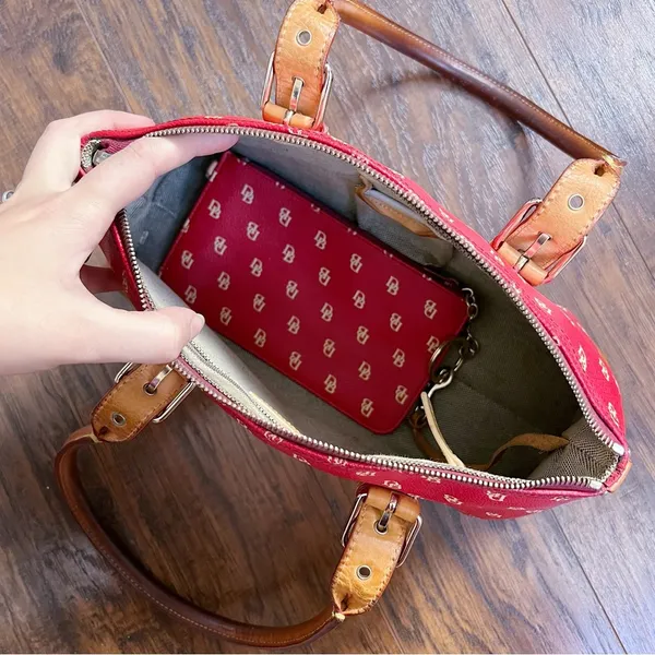 Dooney & Bourke • Domed Satchel purse bag Burning Red initials canvas wristlet - Image 10