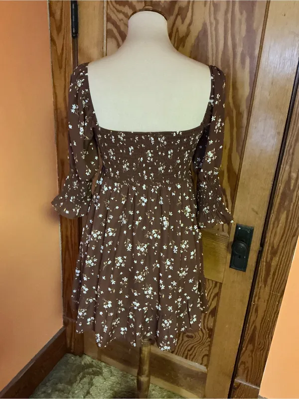 Blue Rain Floral Babydoll Mini Dress Medium Cottagecore Brown Sheer Sleeve - Image 11