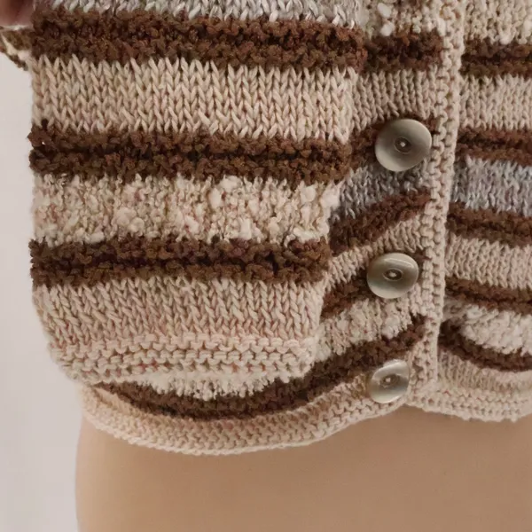 Striped Cropped Cardigan Sweaters Womens Size M Brown Cream Boho Cottage Neutral - Image 3