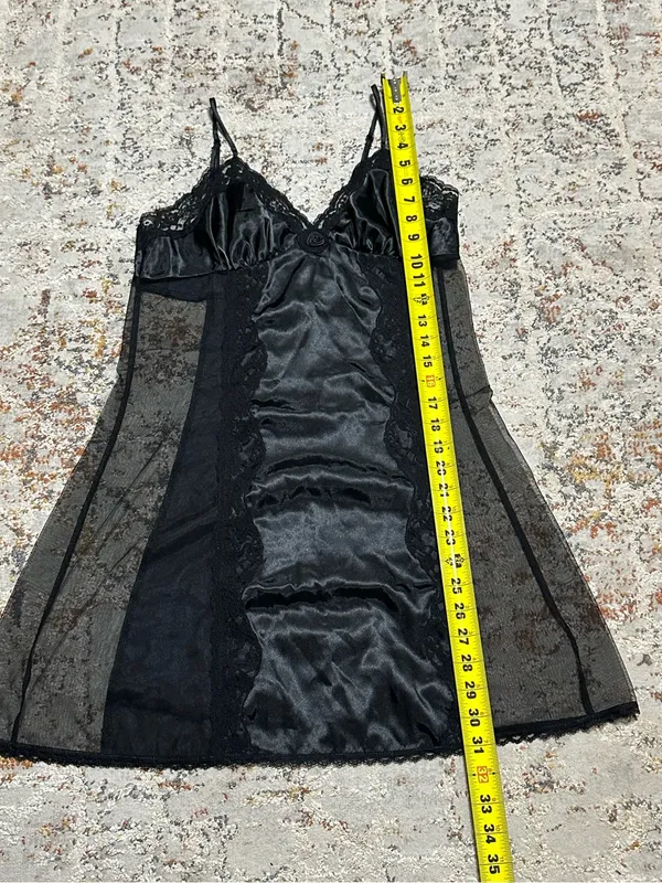 Vintage Fredericks of Hollywood black satin sheer mesh chemise slip dress size M - Image 4