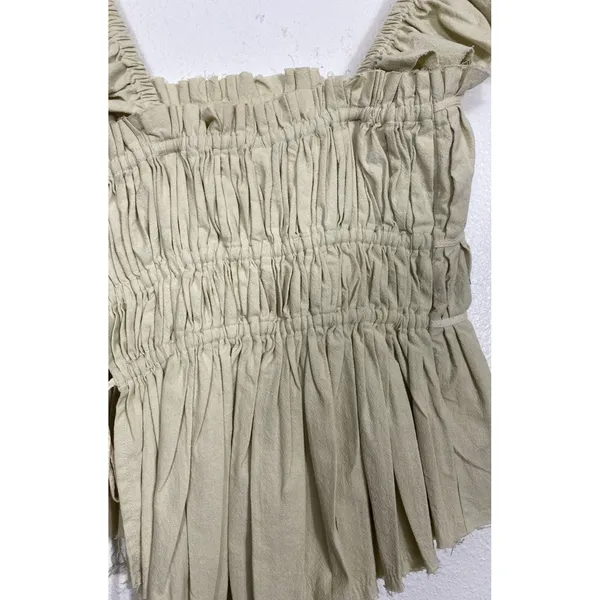 Free People Beige Ruffle Sleeve Drawstring Cropped Blouse Cotton Size S - Image 6