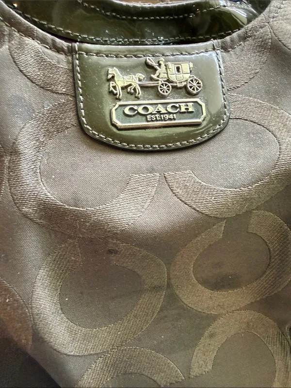 Coach Signature Shoulder Bag in Brown and Dark Olive Trim - Image 13