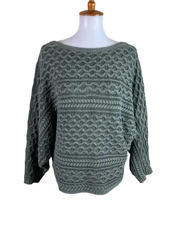 Anthropologie Pilcro Micro Fisherman Sweater 1X‎ Green Chunky Cable Knit - Image 2