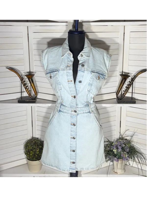 Zara mini dress denim light blue sleeveless Y2K 90s grunge cottage festival sz M - Image 3