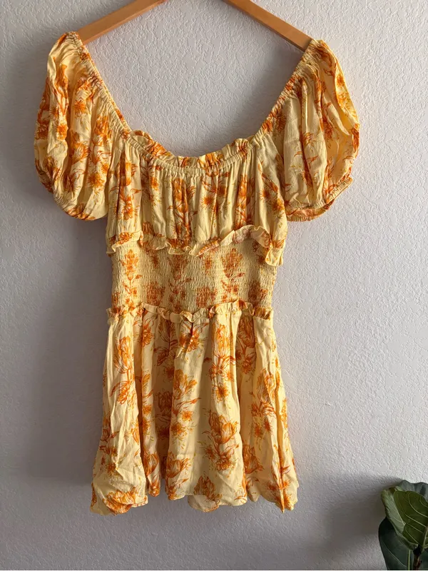 Sabo Skirt Milota Dress Size M Yellow Floral Puff Sleeves Mini Boho Summer - Image 10