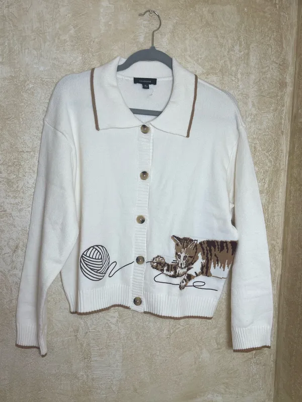 Anthropologie Calligraphie Novelty Knit Cat Sweater Cardigan Grandma Cream L - Image 2