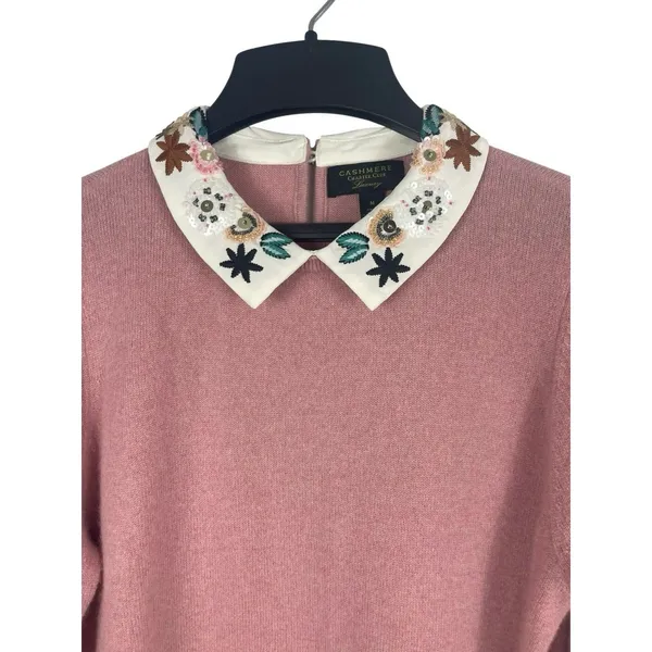 Cashmere Charter Club Sweater Womens M Pink 100% Cashmere Embellished Collar - Image 2