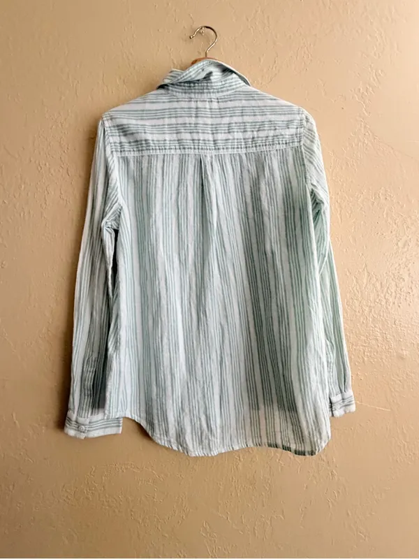 beachlunchlounge Light Green and White Striped Button-Down Shirt - Image 2