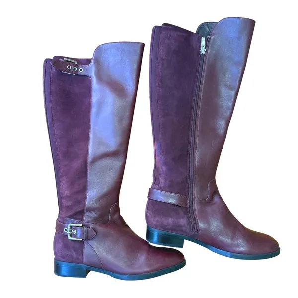 Marc Fisher Riding Boots Burgundy Leather Suede Buckle Wide Calf Womens 7W - Image 5