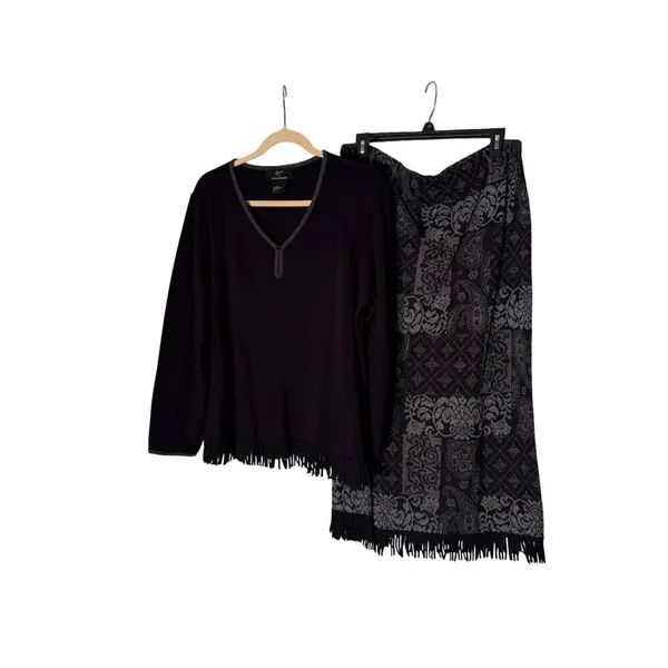 Lennie for Nina Lenoard‎ Sweater/Skirt 2pc set Gray Fringes Women's XL - Image 2