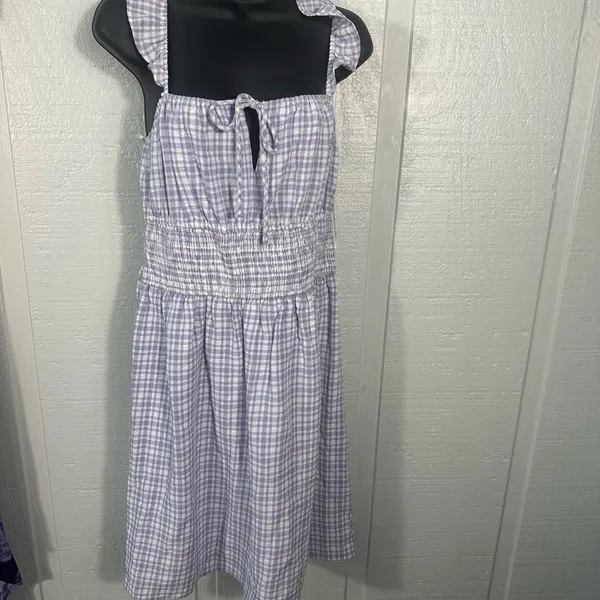 WAYF Purple Gingham Checkered Smocked Waist Flutter Sleeve Midi Dress SZ M NWT - Image 3