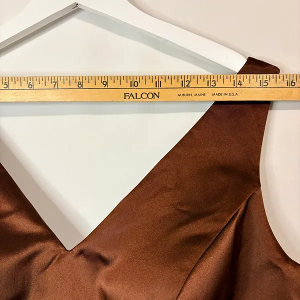 Miss Veil Satin Tea Length Dress Bow Detail Double V Neck Formal Brown Small NWT - Image 4