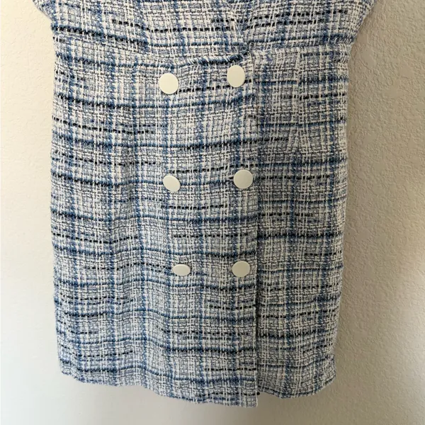 ZARA Blue and White Tweed Plaid Pinafore Mini Dress Medium Double Breasted - Image 10
