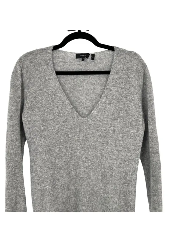 Theory Adrianna RL 100% Cashmere V-Neck Sweater Gray Size Small Quiet Luxury - Image 2