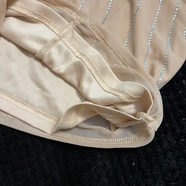 Rhinestone Open Back Mini Dress Slim Fit Mock Neck Backless Long Sleeve Tan Dress Party Dress Prom Wedding - Image 11