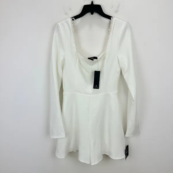 Lulus Luminous Aesthetic White Pearl Bow Long Sleeve Romper Wedding Bridal S NWT - Image 5