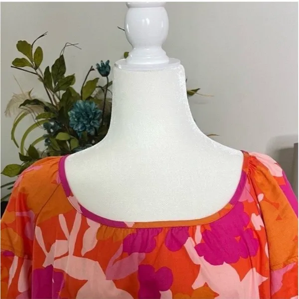Free Assembly Floral Puff Sleeve Dress XL Pink Orange Open Tie Back With Pockets - Image 4