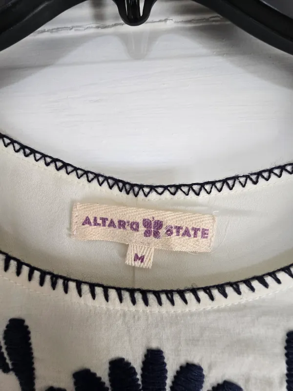 Altar'd State Cream Tunic with Navy Embroidered Yoke Medium Boho Style - Image 2