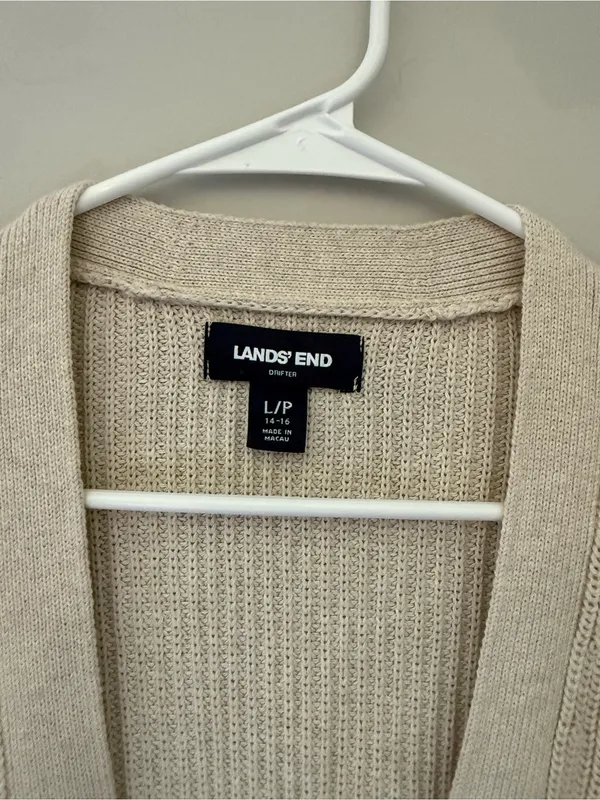 Lands End Drifter Womens L Petite 14-16 Beige Cotton V Neck Cardigan - Image 4