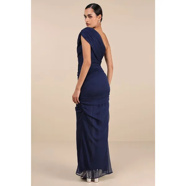 NWT Lulus Kyleah Navy Ruched One-Shoulder Maxi Dress Bridesmaid Banquet Gala XS - Image 3