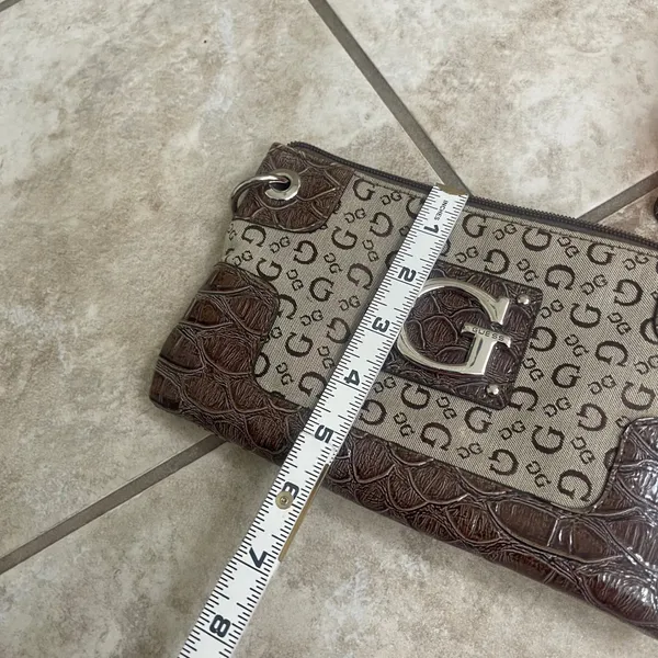 Guess Monogram Canvas Brown Croc Embossed Wristlet Clutch Silver G Logo Bag - Image 8