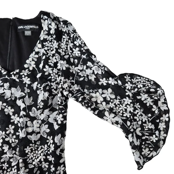 Karl Lagerfeld Paris Black White Floral Lace V Neck 3/4 Sleeve Carys Dress‎ 6 - Image 4