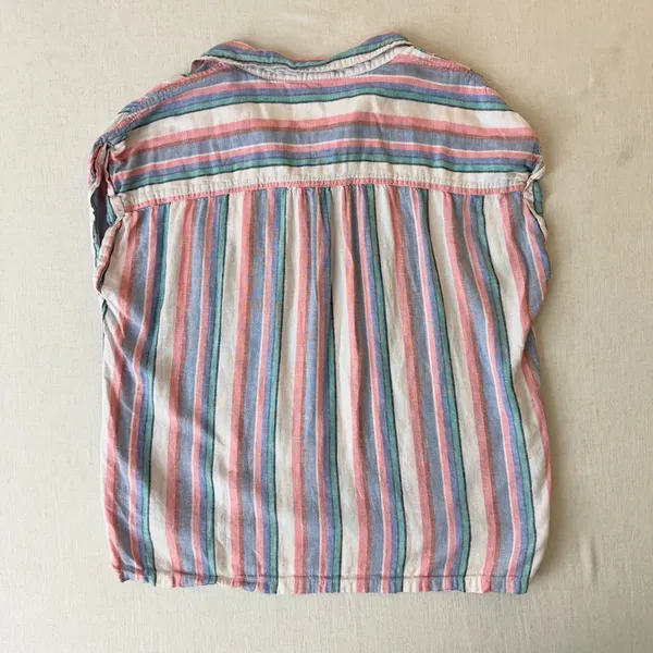 Orvis Linen Blend Shirt L Pastel Stripe Coastal Grandmother Cap Sleeve - Image 5