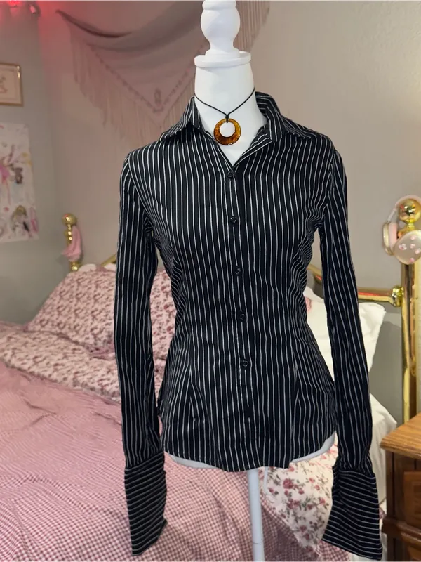 Y2K Office Siren Black Pinstripe Button-Down Women's Shirt - Image 8