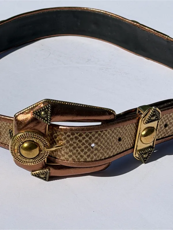 Vintage Western Snakeskin Print Studded Belt Bronze Gold Boho Size M - Image 3