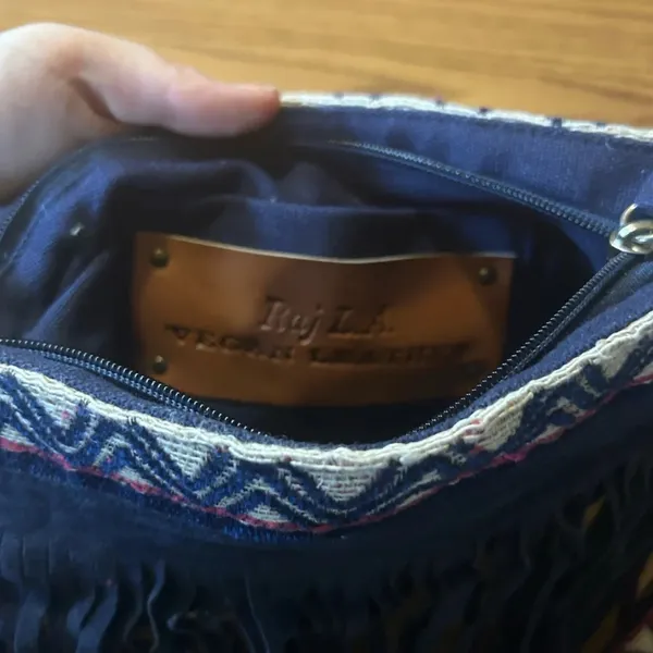 Raj Vegan Leather Navy Fringe Purse Crossbody Boho Western Woven Embroidered Bag - Image 4