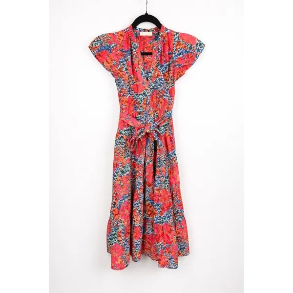 Ulla Johnson Ottilie Hypnotic Flamingo Cotton Midi Dress Puff Sleeve Coral Sz 0 - Image 2