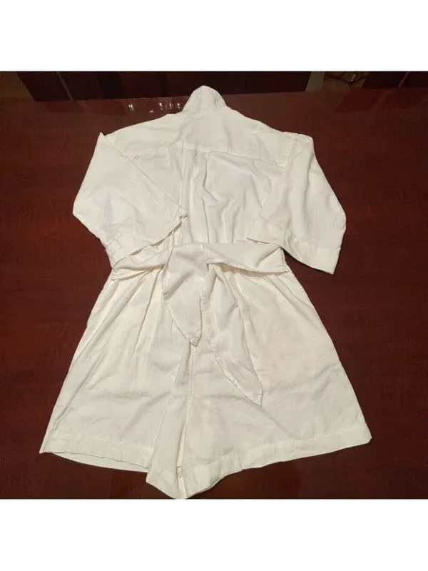 Free Assembly cream linen blend shorts romper jumpsuit belt button front Sz S - Image 12