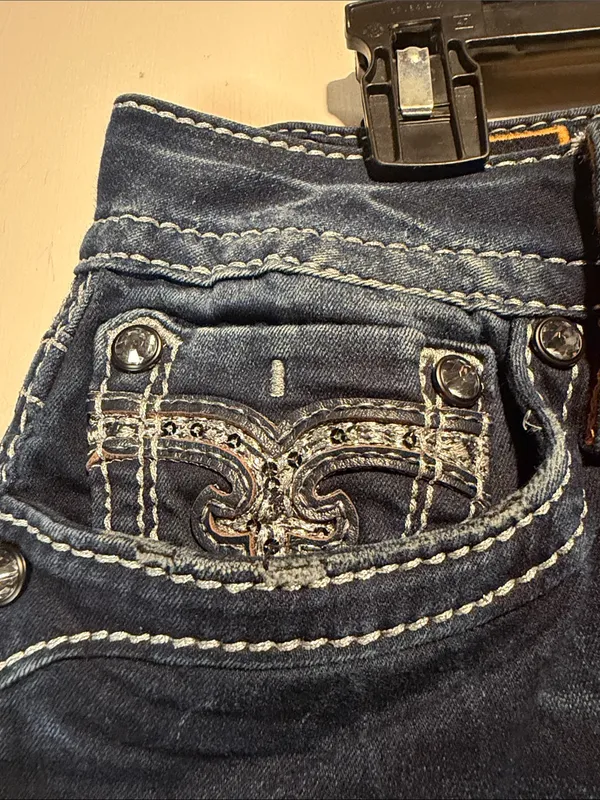 Rock Revival Oliana Mid-Rise Skinny Jeans Bling Pockets Intentional Fading SZ 30 - Image 9