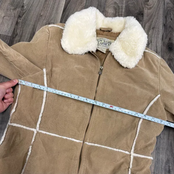 Vintage New York Classics leather fur Borg collared jacket coat Tan Size M - Image 4