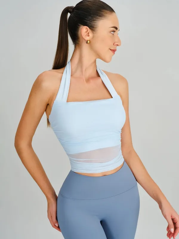 Berlook Activewear Light Blue Halter Neck Ruched Mesh Sports Bra - Image 3