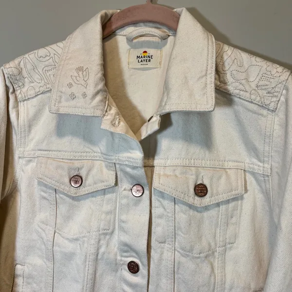 Marine Layer Women's Cream Denim Jean Jacket Embroidered Shoulder White Medium - Image 2
