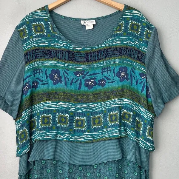 K Studio Dress Size 14 Blue Green Maxi Modest Artsy Cottage Country Lagenlook - Image 2