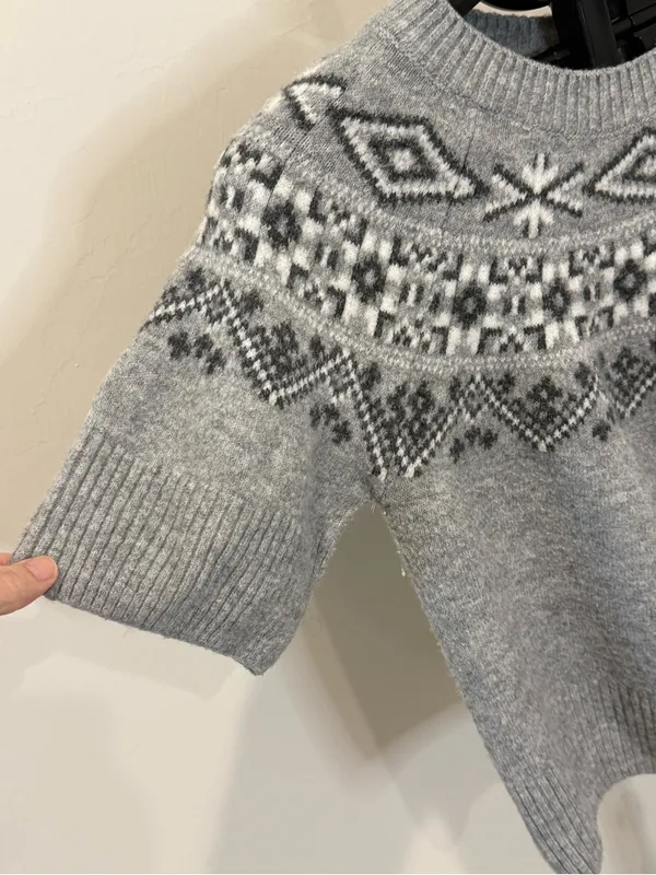 CeCe Fair Isle Short Sleeve Sweater XL Gray Black White - Image 4
