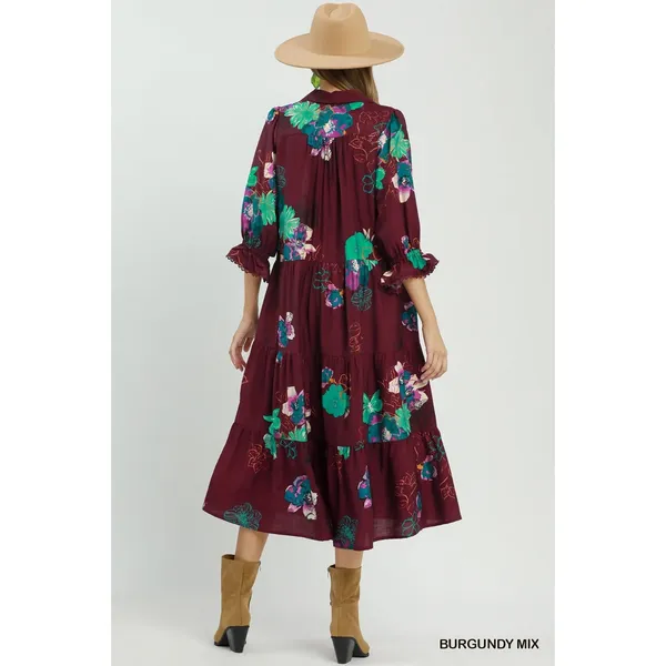 Umgee Floral Print Tiered Midi Dress with Puff Sleeves‎ - Burgundy - Small - Image 3