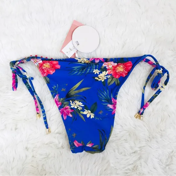 PILYQ Anthropologie Blue Floral Side‎ Tie Triangle String Bikini Bottom XS New - Image 4