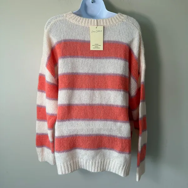 Striped Mohair Wool Blend Sweater Coral Cream‎ Oversize Coastal Airy L/XL NWT - Image 4