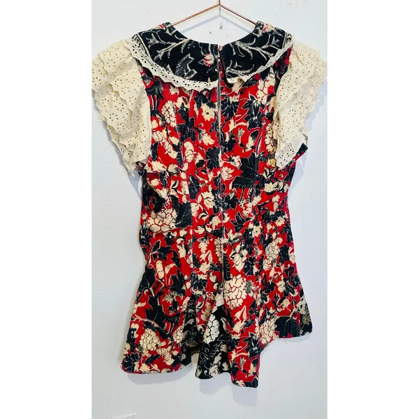 FREE PEOPLE Red White Bali Antoinette Corduroy Lace Mini Dress size Large - Image 9