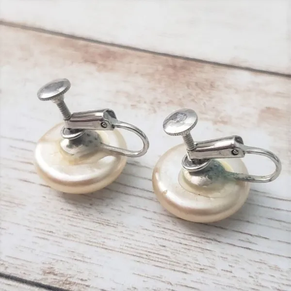 Vintage Clip On Earrings With Screw To Tighten - Faux Pearl Just Over 5/8" - Image 3