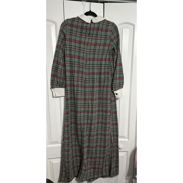 Vintage Plaid Maxi Dress Cottagecore Green Red Peter Pan‎ Collar Long Sleeve - Image 6