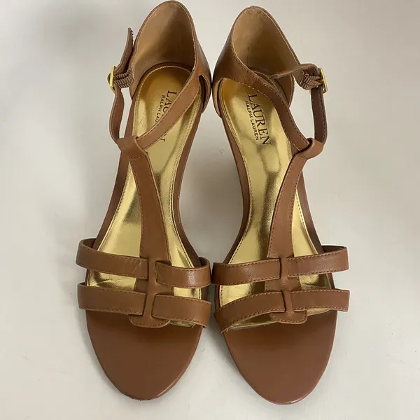 Lauren Ralph Lauren Wedge Sandals Women 10B T Strap Harleen Leather‎ Cork Heels - Image 4